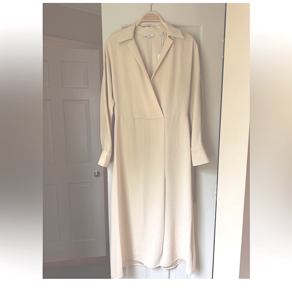 Vince Cream Quiet Luxury Long-Sleeve V-Neck Midi Dress Elegant Side Split Medium